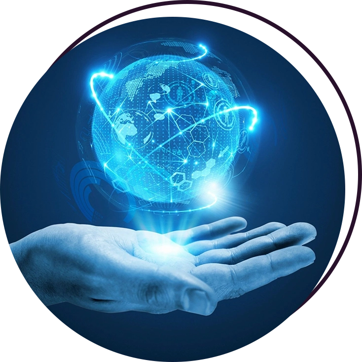 A hand holding out a globe with blue lights coming from it.